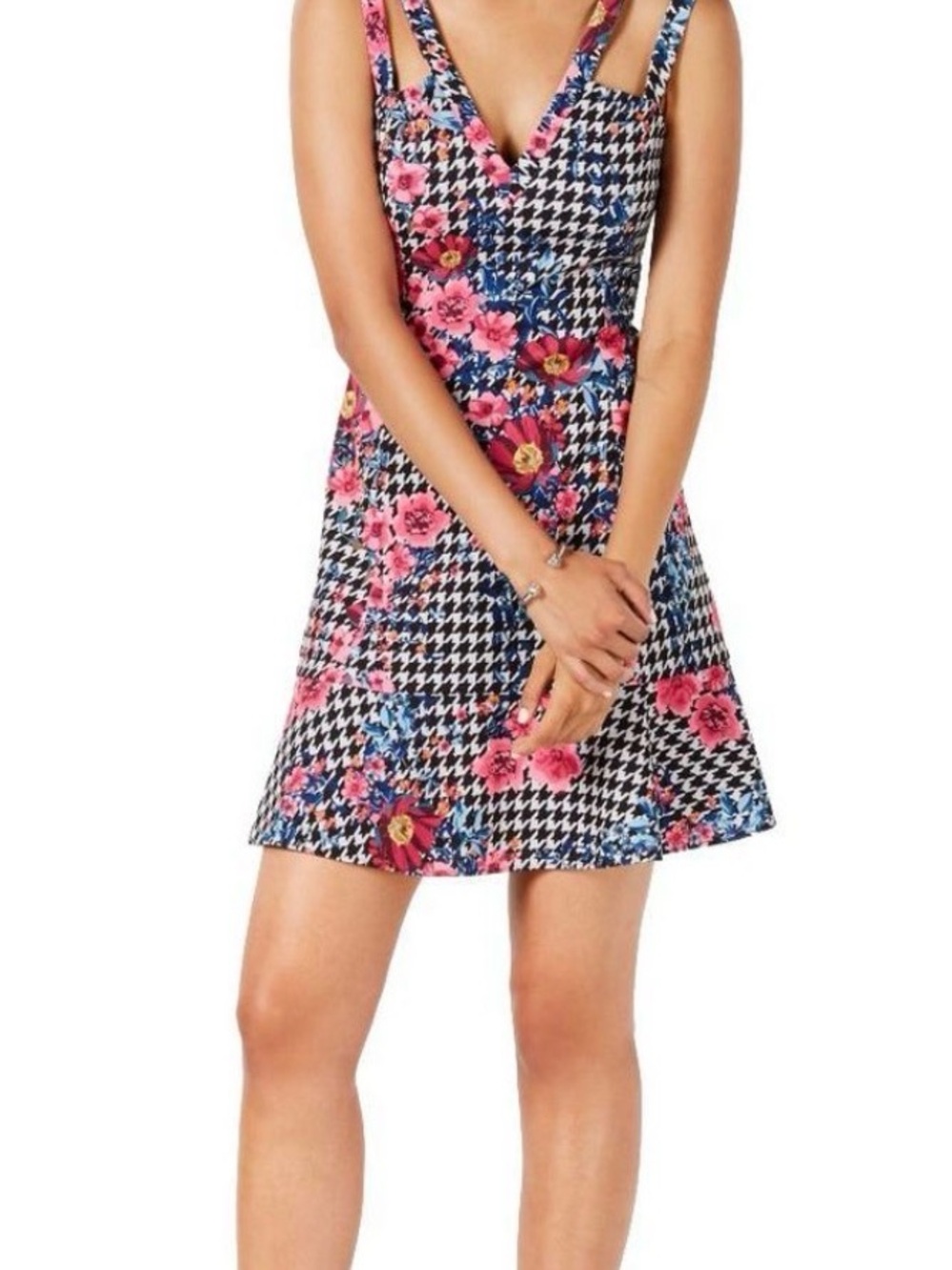 206. Guess Black Houndstooth Midi Dress with Pink & Blue Floral Print